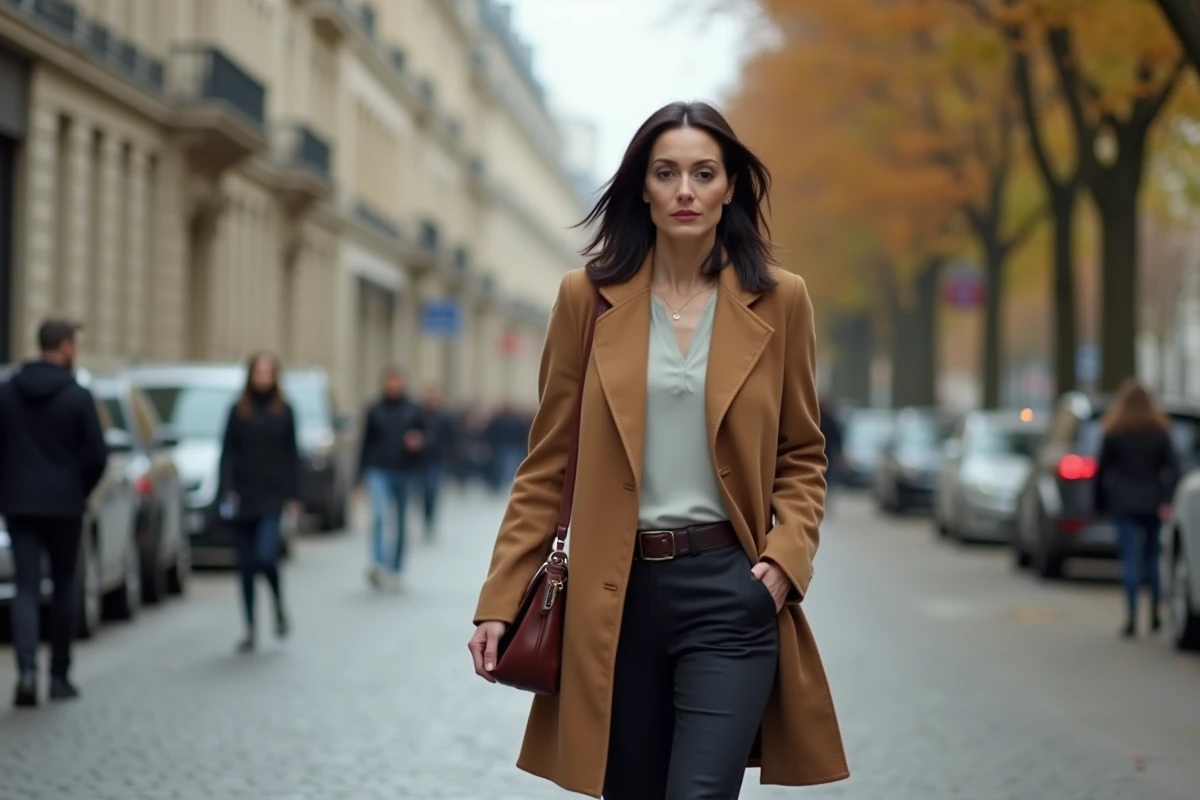 Femme déterminée marchant sur un boulevard parisien en automne, symbole de renouveau personnel et professionnel après une période difficile
