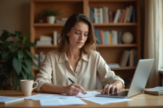 Femme concentrée consultant des documents sur un bureau en bois dans un bureau à domicile moderne, illustrant la recherche de faits et de rumeurs sur une personnalité publique