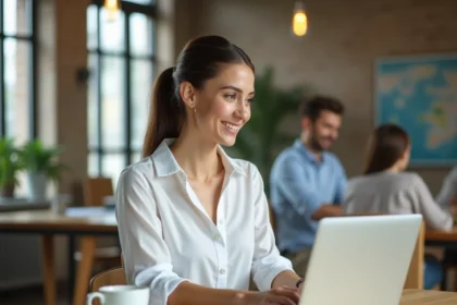 Jeune femme souriante travaillant sur un ordinateur portable dans un bureau moderne pour illustrer la rentrée 2026 sur les réseaux sociaux