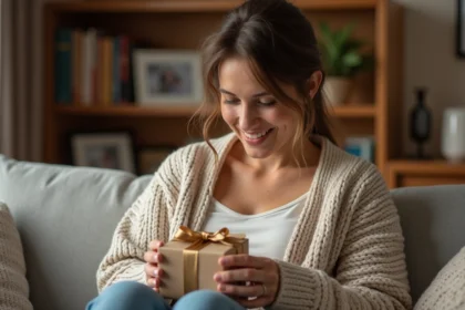 Femme souriante tenant un cadeau dans un salon chaleureux