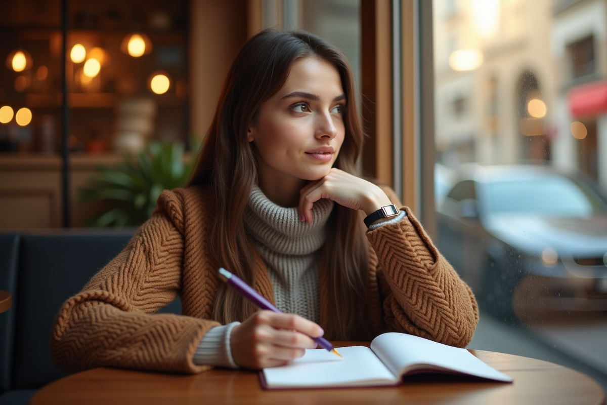 Femme confiante assise au café avec un carnet et stylo