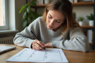 Femme organisant son planning sur un calendrier semaines paires et impaires imprimé posé sur un bureau en bois