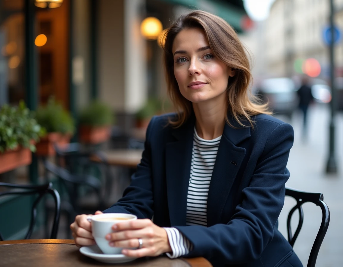 Femme assise en terrasse de café parisien tenant un café, évoquant la discrétion face à la célébrité d'un proche