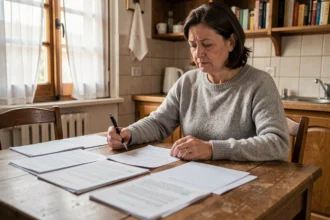 Femme d'âge mûr examinant des documents financiers sur une table en bois dans une cuisine, illustrant le calcul de l'obligation alimentaire et la gestion du budget familial