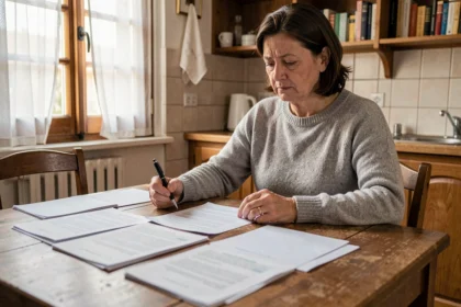 Femme d'âge mûr examinant des documents financiers sur une table en bois dans une cuisine, illustrant le calcul de l'obligation alimentaire et la gestion du budget familial