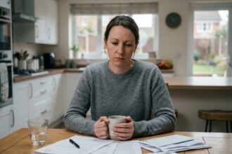 Femme seule à une table de cuisine regardant des documents juridiques lors d'une séparation familiale