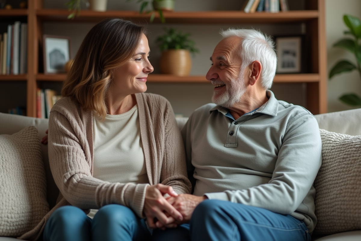 Femme attentive parlant avec un homme âgé dans un salon chaleureux