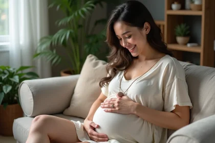 Femme enceinte souriante avec bola dans un salon cosy