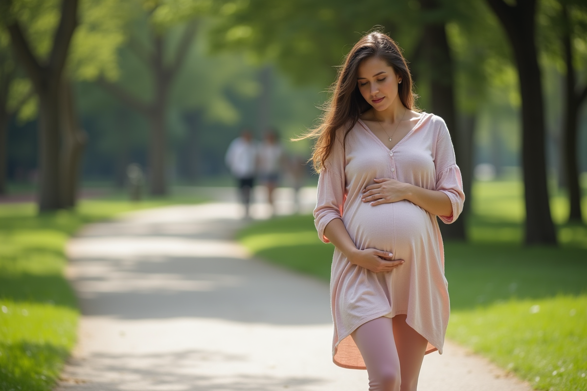 Femme enceinte marchant dans un parc verdoyant