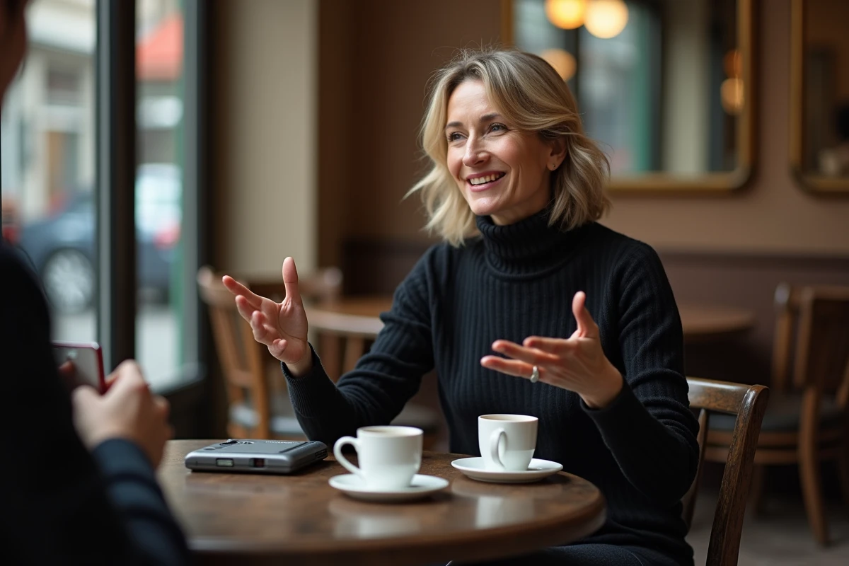 Femme engagée s'exprimant avec conviction dans un café parisien lors d'un entretien, illustrant un parcours de reconstruction personnelle et d'engagement public