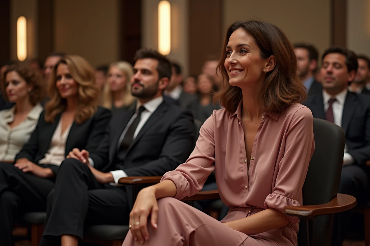 Femme assise au premier rang d'un événement parisien, vêtue d'un chemisier en soie rose, expression sereine et posture élégante
