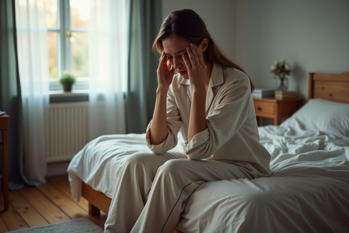 Femme fatiguée en pyjama dans sa chambre matin