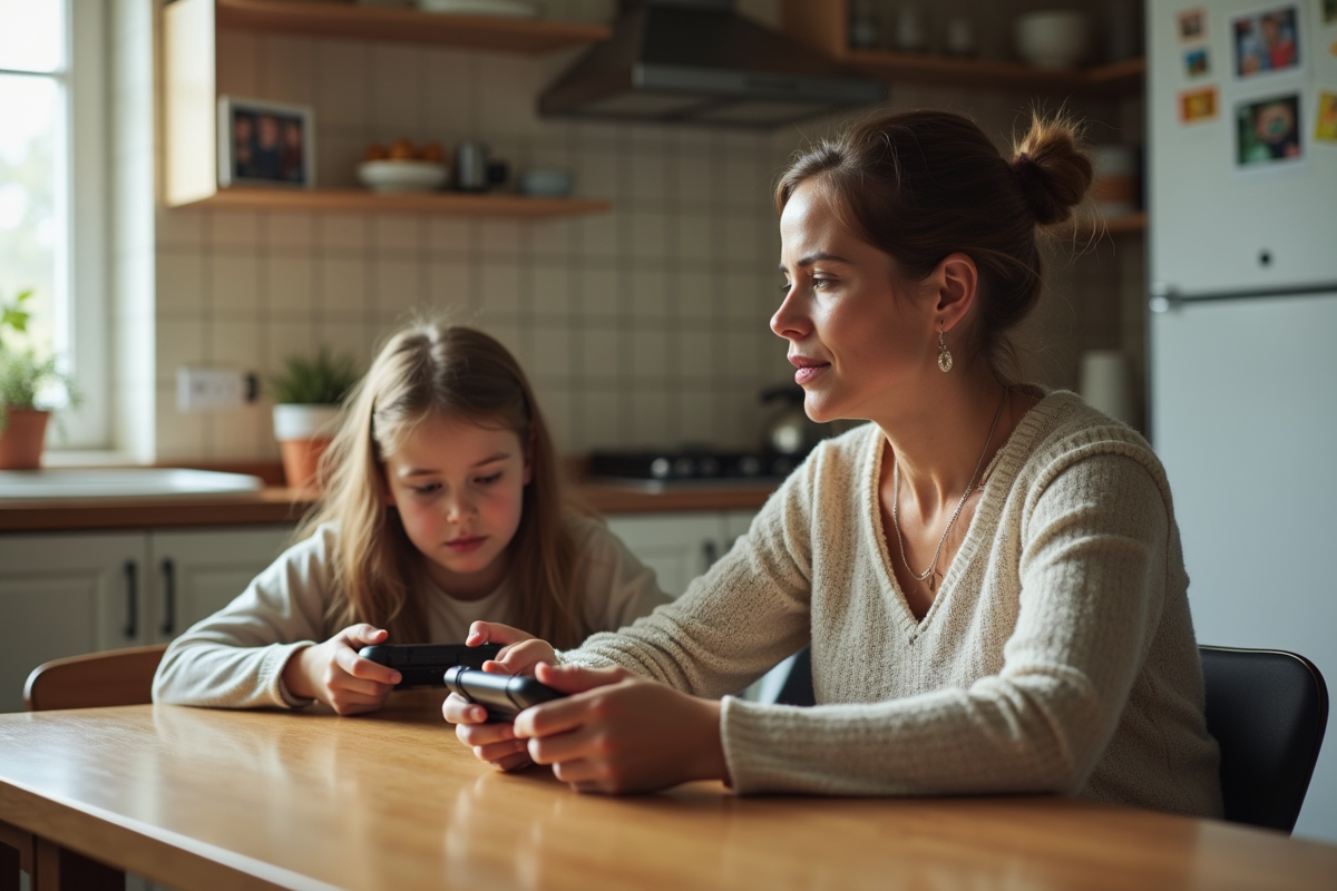 Femme et adolescente jouant à un jeu portable en cuisine