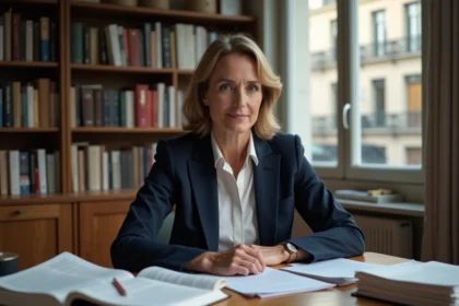 Femme journaliste et auteure quadragénaire assise à son bureau parisien entouré de livres, incarnant la reconstruction professionnelle et personnelle