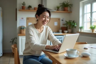 Femme souriante utilisant son ordinateur dans la cuisine moderne