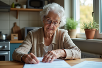 Femme âgée lisant des documents dans la cuisine lumineuse