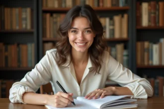 Jeune femme parcourant une liste de prénoms dans un carnet ouvert sur un bureau en bois, expression pensive et souriante