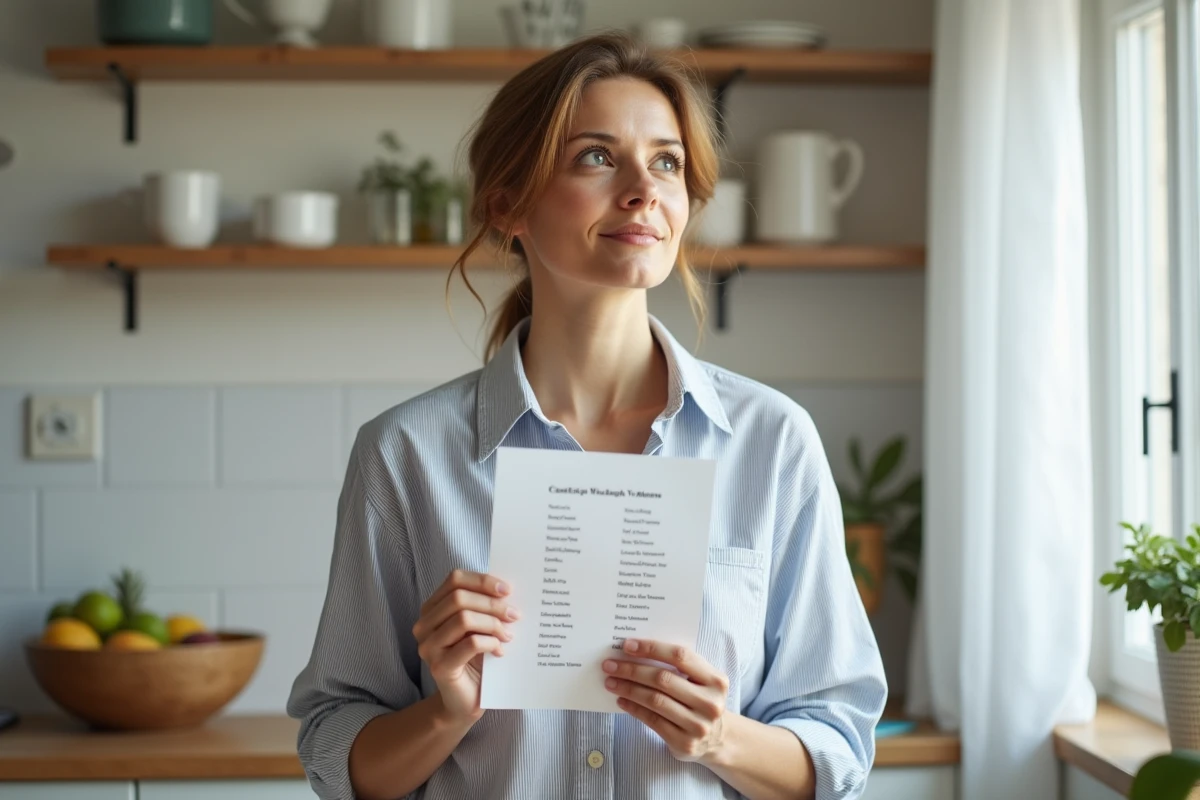 Femme tenant une feuille imprimée avec une liste de prénoms dans une cuisine lumineuse, air pensif et concentré