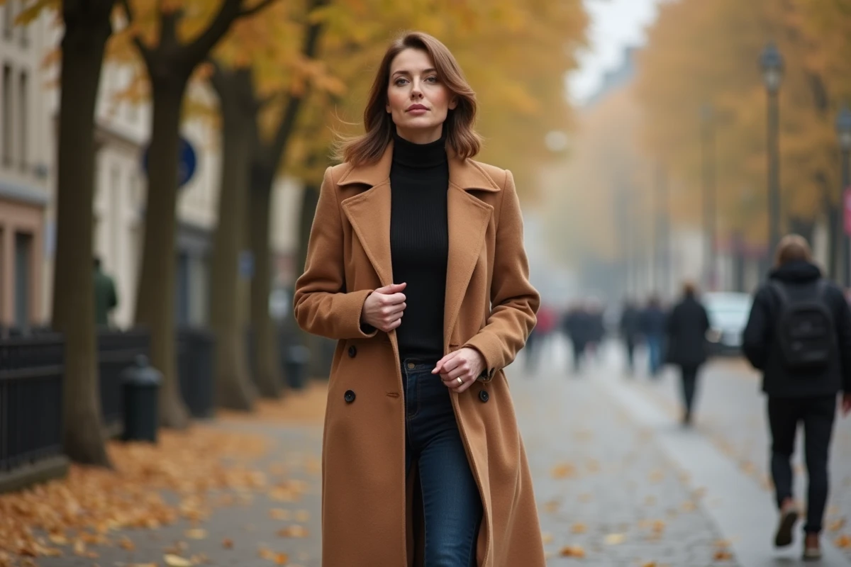 Femme en manteau camel marchant sur un boulevard parisien en automne, silhouette élégante mise en valeur