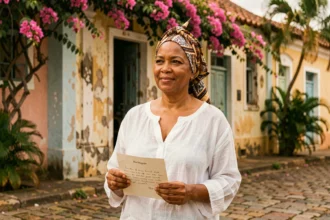 Femme martiniquaise en tenue traditionnelle tenant une lettre avec un prénom créole devant un bâtiment colonial fleuri à Fort-de-France