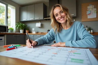 Femme souriante organisant le calendrier familial