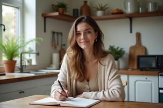 Femme organisée écrivant dans un planner à la maison