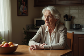 Femme âgée assise seule à la cuisine en réflexion