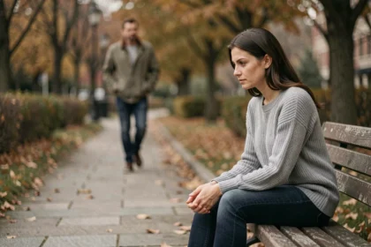 Femme seule sur un banc de parc en automne, regardant pensivement au sol pendant qu'un homme s'éloigne en arrière-plan, illustrant la distance émotionnelle dans une relation avec un homme évitant