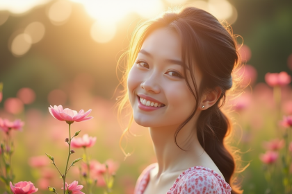 Jeune femme souriante entourée de fleurs en plein air