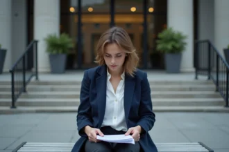 Femme inquiète assise sur un banc devant un tribunal