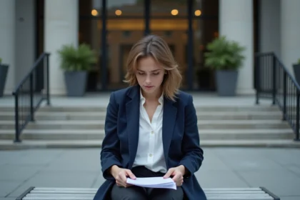 Femme inquiète assise sur un banc devant un tribunal