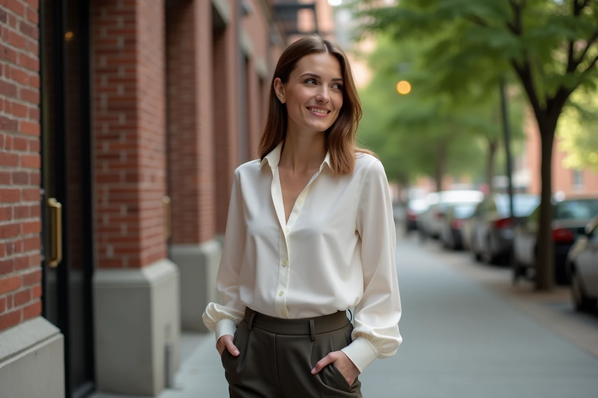 Femme adulte dans une rue urbaine devant un bâtiment en briques