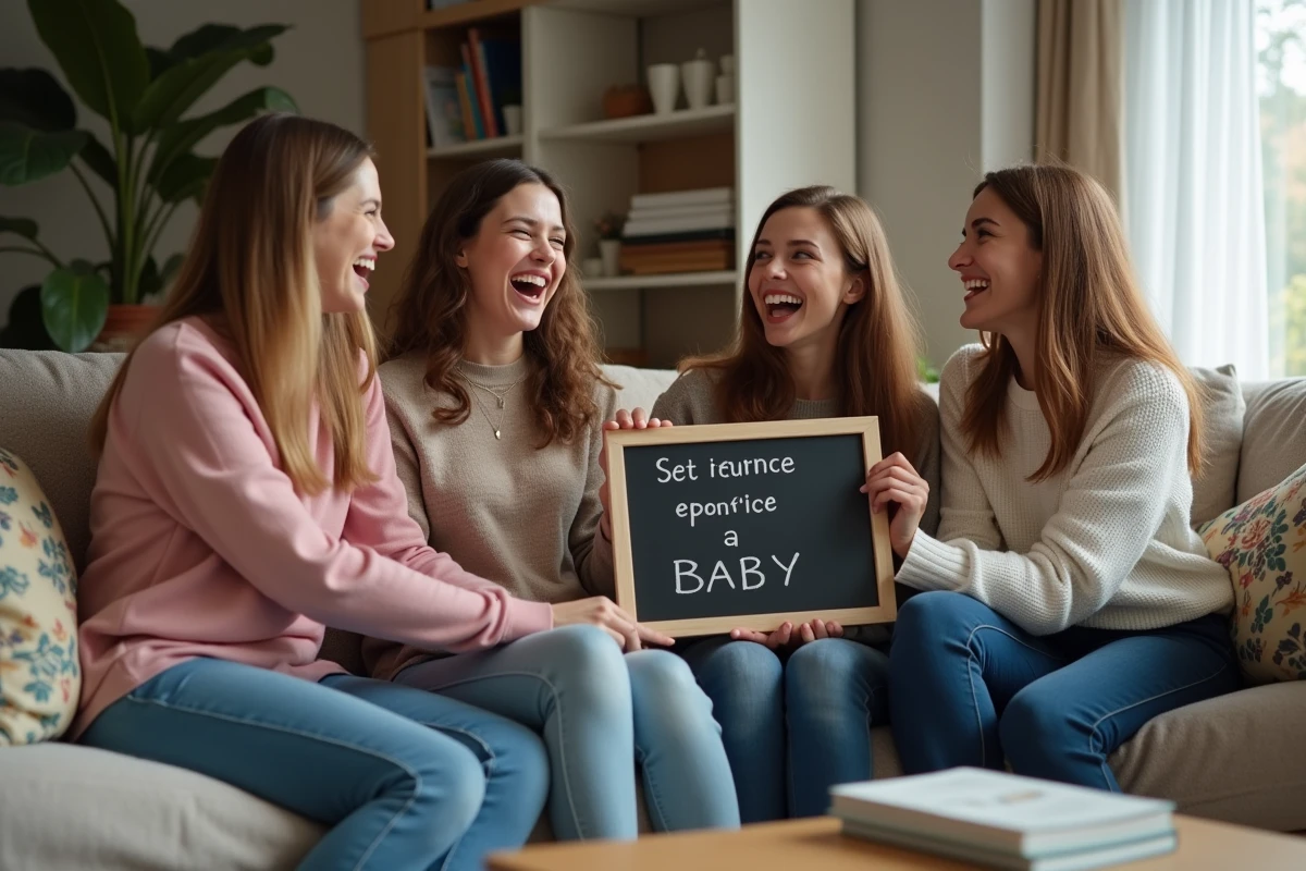 Groupe de femmes riant avec un panneau devinette dans le salon