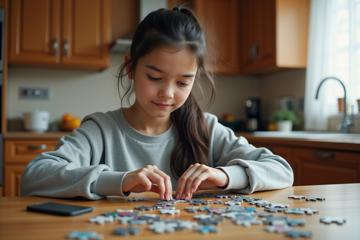 Fille adolescente assemble un puzzle à la cuisine
