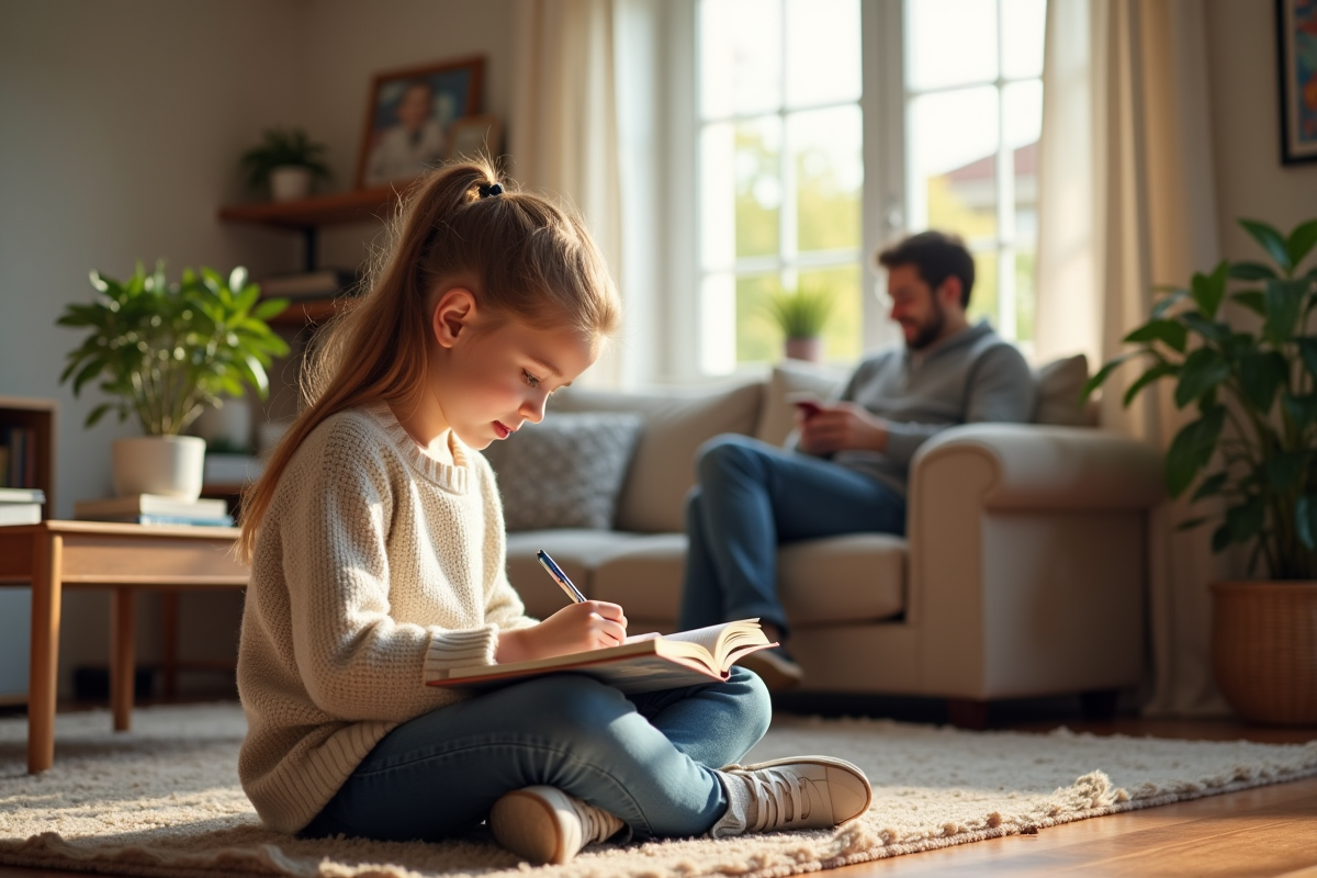 Fille concentrée sur ses devoirs avec parent à la maison