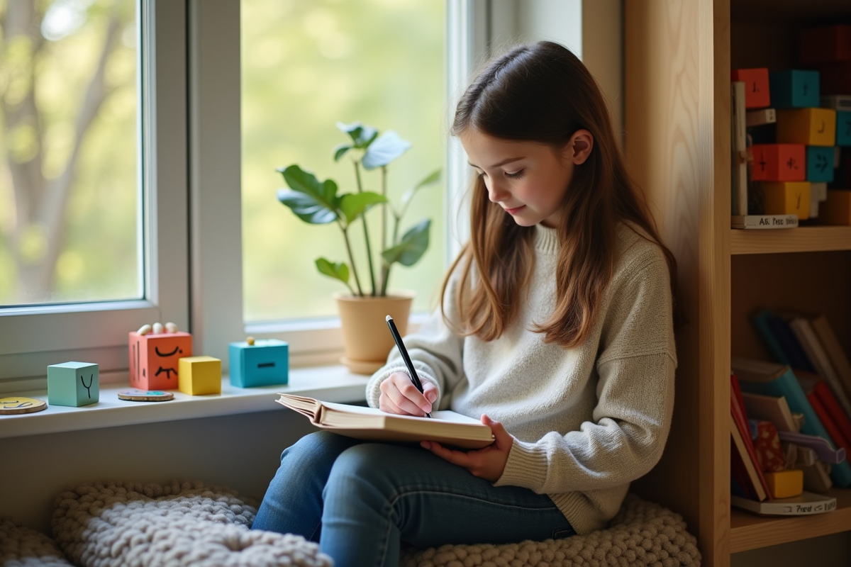 Jeune fille prenant des notes dans un coin de classe