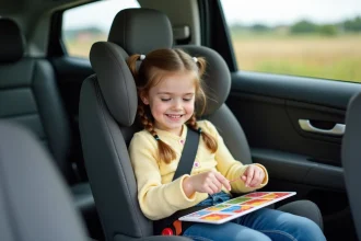 Jeune fille de trois ans jouant avec des cartes colorées dans une voiture
