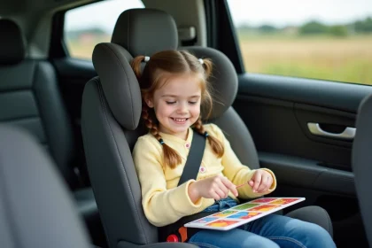 Jeune fille de trois ans jouant avec des cartes colorées dans une voiture