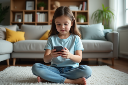 Jeune fille de 9 ans concentrée sur son smartphone dans le salon
