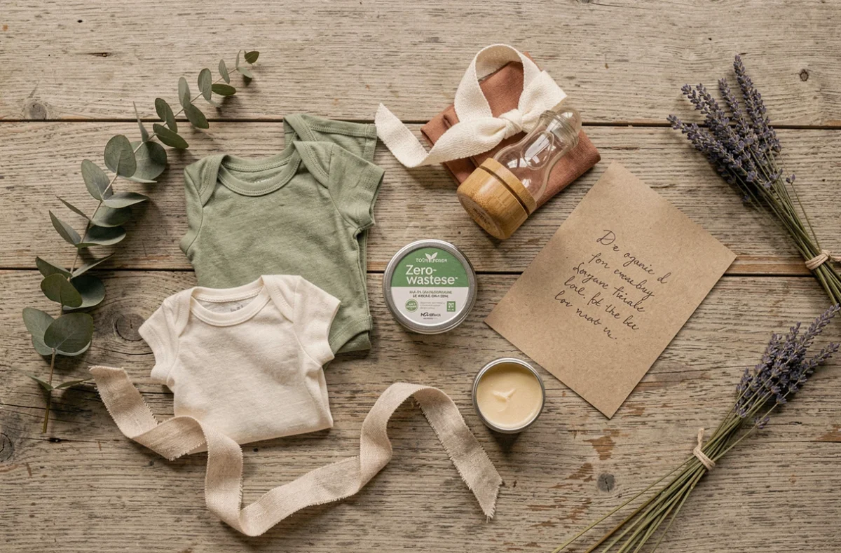Flat lay de cadeaux baby shower zéro déchet comprenant des couches lavables, des lingettes bambou, un body en coton bio et une bouteille en verre sur une table en bois naturel