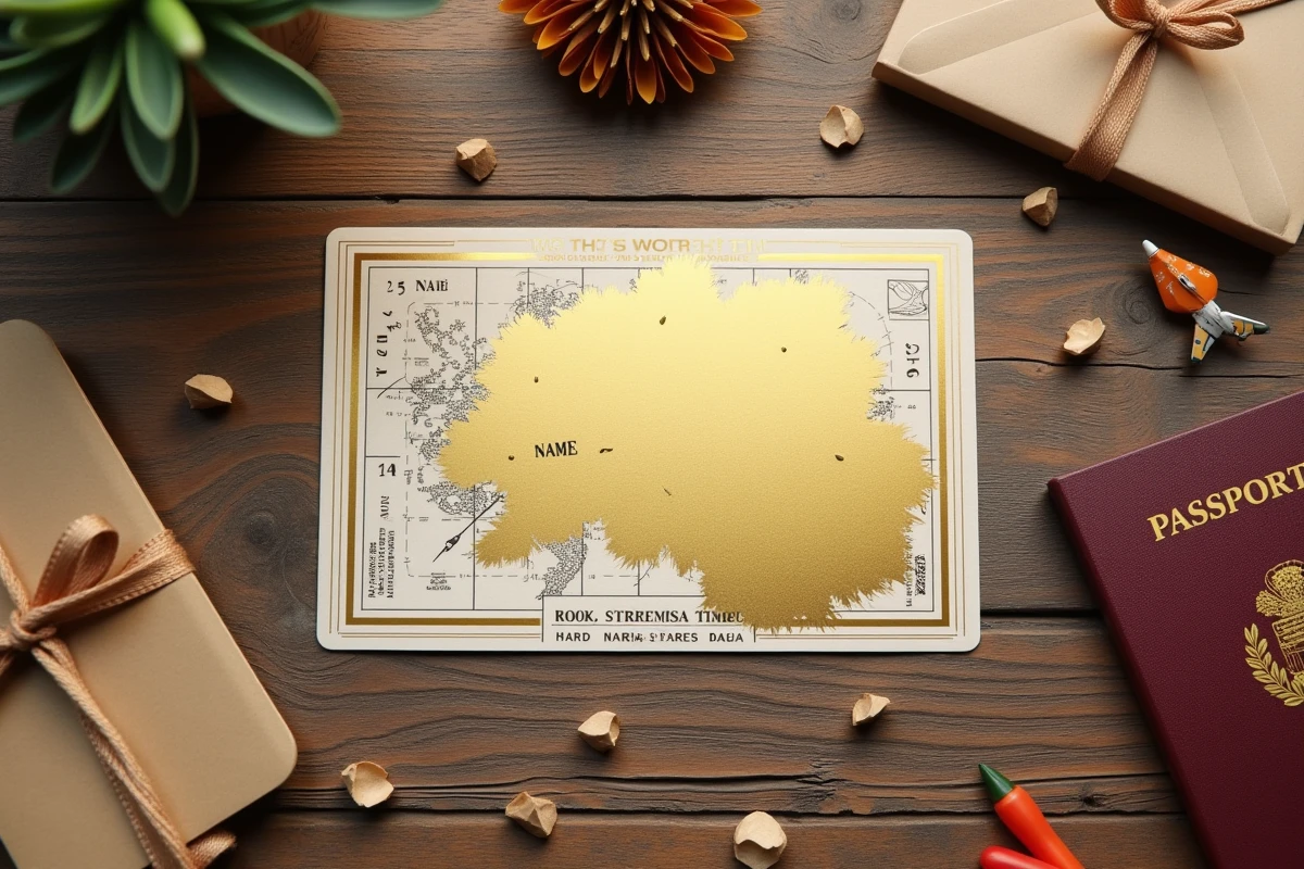 Vue de dessus d'une carte à gratter personnalisée pour annoncer une destination de voyage, entourée d'un passeport et d'accessoires de voyage sur bois rustique