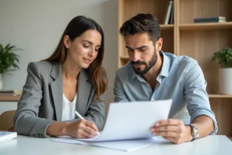 Deux frères et sœurs adultes consultant des documents liés à un test ADN de fratrie dans un bureau moderne