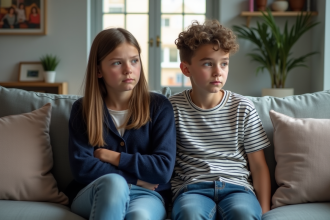 Deux frères et sœurs adolescents assis sur un canapé en intérieur