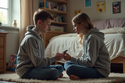 Adolescent en hoodie passant son téléphone à sa mère dans sa chambre