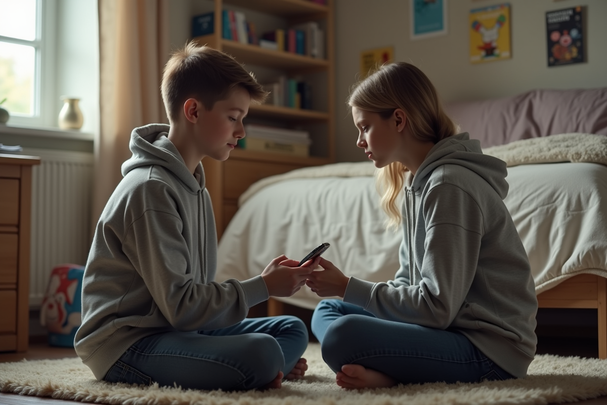 Adolescent en hoodie passant son téléphone à sa mère dans sa chambre