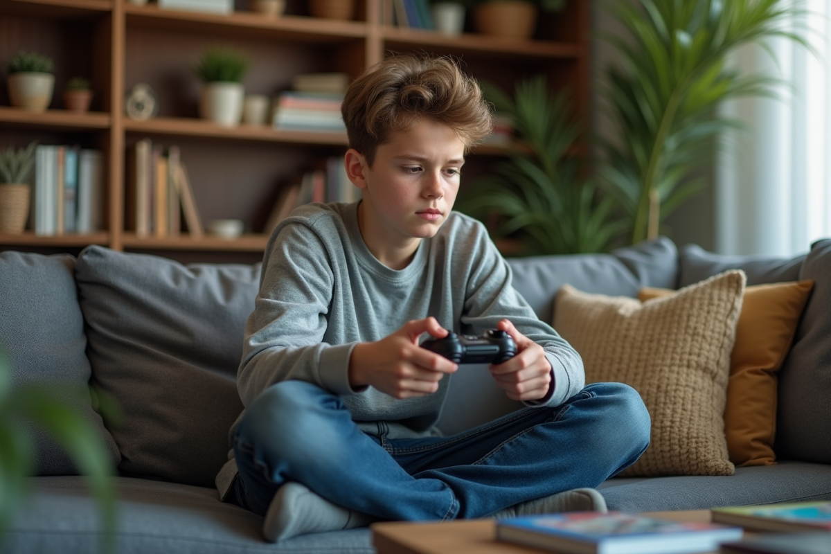 Adolescent jouant à un jeu vidéo dans un salon cosy