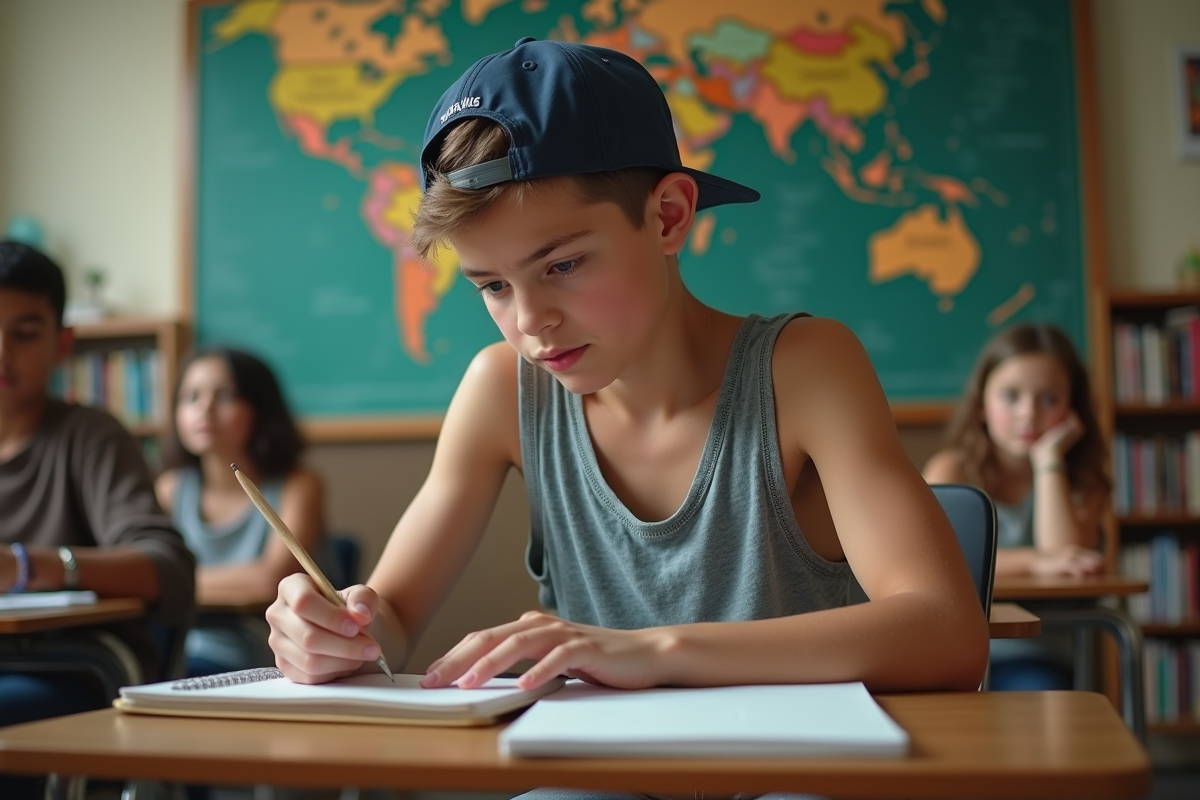 Garçon de 15 ans dans une classe avec un carnet et un casque