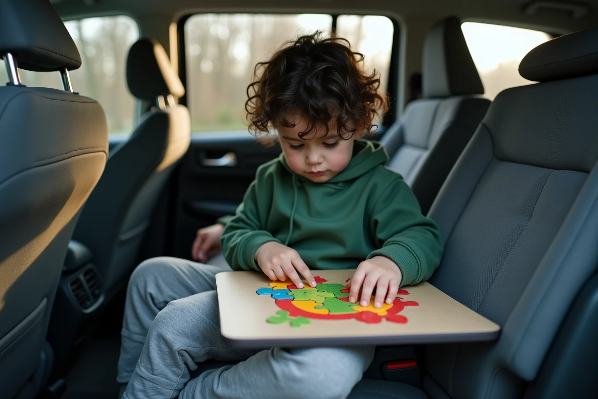 Garçon de trois ans concentré sur un puzzle dans la voiture
