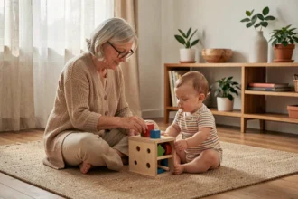 Grand-mère et bébé de 1 an jouant ensemble avec un jouet Montessori en bois sur un tapis en laine dans un salon chaleureux