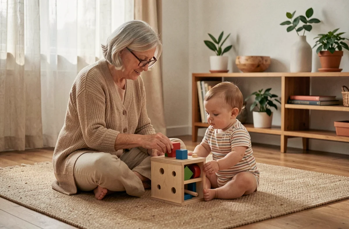 Grand-mère et bébé de 1 an jouant ensemble avec un jouet Montessori en bois sur un tapis en laine dans un salon chaleureux